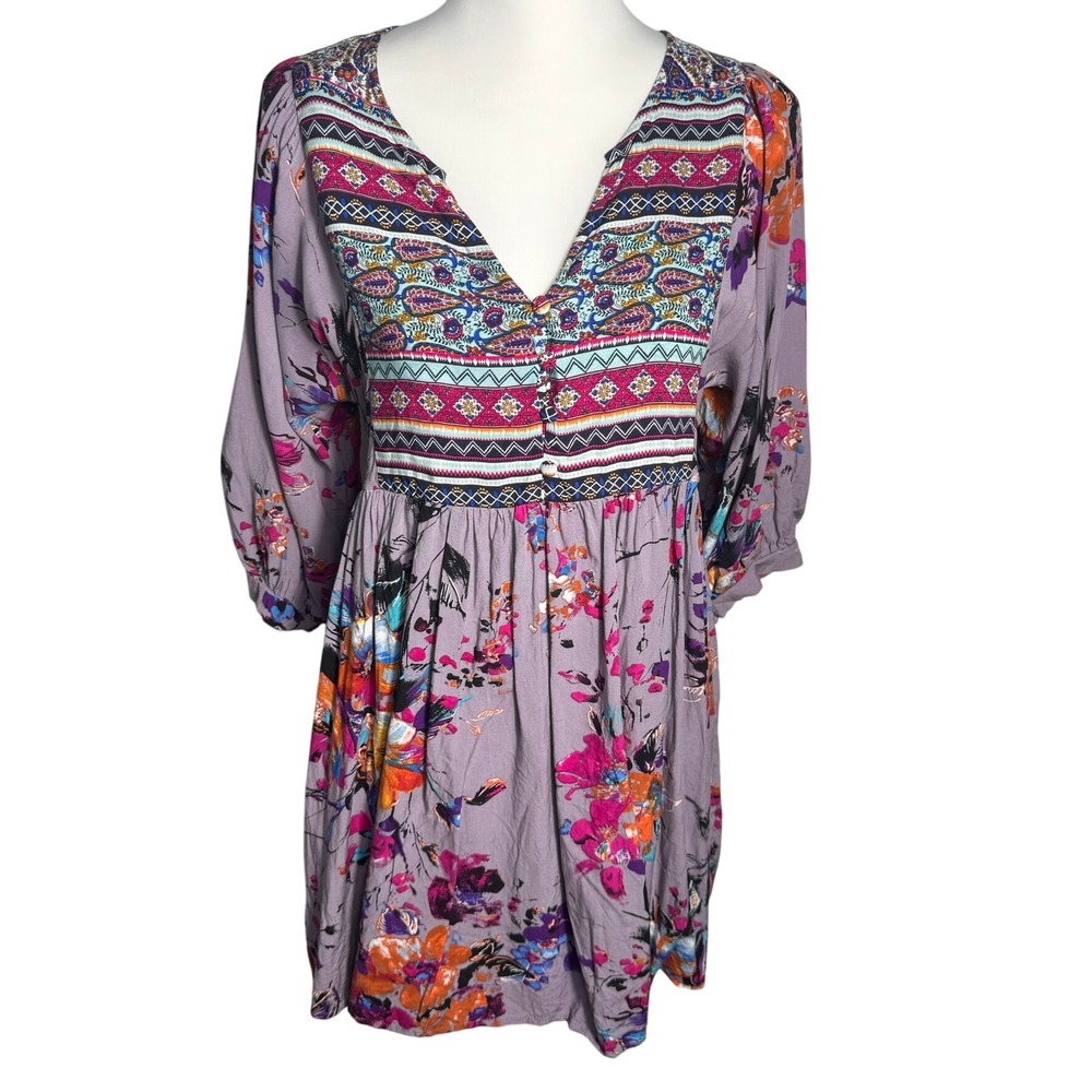 UMGEE Women's Small‎ Purple Boho Floral Print V Neck 3/4 Sleeve Mini Dress Tunic - Picture 2 of 8